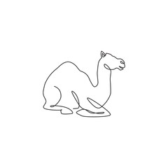 Single continuous line drawing of strong desert Arabic camel sitting for logo identity. Cute dromedary animal concept for national zoo icon. Dynamic one line draw design graphic vector illustration