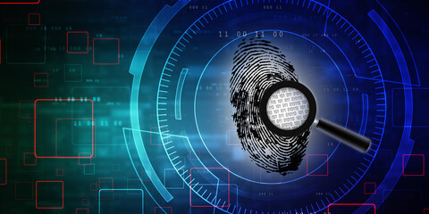 3d rendering Fingerprint and magnify glass with binary code
