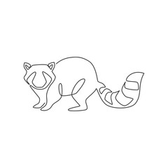 One single line drawing of lovely funny raccoon for logo identity. Cute racoon animal mascot concept for pet lover club icon. Dynamic continuous line draw design graphic vector illustration