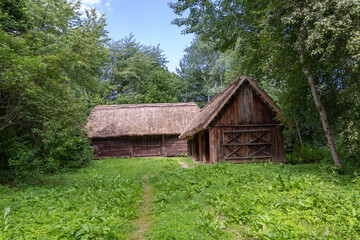 Traditional village in Poland. Open Air Museum. Wooden houses. Wooden folk architecture from different areas of the Lublin Voivodeship. Poland
