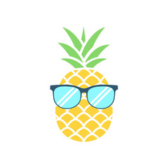 Cartoon pineapple in glasses. Fresh cute exotic fruit wearing sunglasses. Funny summer vector illustration isolated on white.