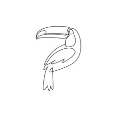 One continuous line drawing of cute toucan bird with big beak for logo identity. Exotic animal mascot concept for national conservation park icon. Single line draw design graphic vector illustration © Simple Line