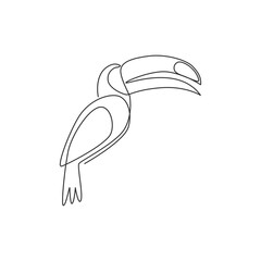 One continuous line drawing of cute toucan bird with big beak for logo identity. Exotic animal mascot concept for national conservation park icon. Single line draw graphic design vector illustration © Simple Line
