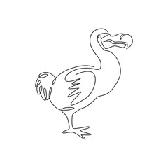 One continuous line drawing of cute funny dodo bird for logo identity. Extinct animal mascot concept for museum zoo icon. Trendy single line draw design graphic vector illustration