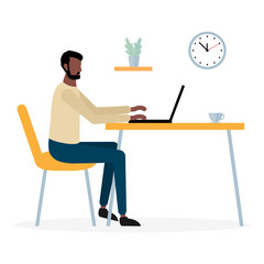 Young african man freelancer working on laptop at home in quarantine. Work at home, coworking space. Boy sitting at the table on chair and earning money online. Vector flat illustration isolated.