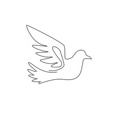Single continuous line drawing of adorable flying dove bird for logo identity. Cute pigeon mascot concept for freedom and peace movement icon. Trendy one line draw graphic design vector illustration