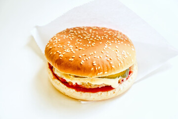 Big frash tasty hamburger on white background