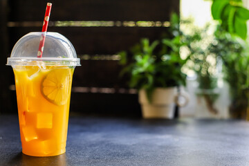 orange juice drink or lemonade mint transparent beverage glass cup takeaway drink Menu concept serving size food background top view copy space for text organic healthy eating