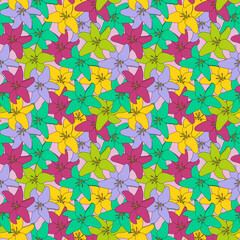 Fototapeta na wymiar Abstract Hand Drawn Lily flower. Colorful seamless pattern. Vector Illustration