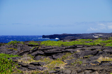 Panoramic view over lava fields and coast line in Volcanoes National Park on Big Island in Hawaii...