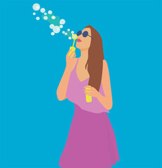 Beautiful dream girl with long hair blows soap bubbles. Cheerful young woman in pink dress and glasses. Colorful flat vector illustration background on cover hand drawn