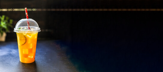 orange juice drink or lemonade mint transparent beverage glass cup takeaway drink Menu concept serving size food background top view copy space for text organic healthy eating