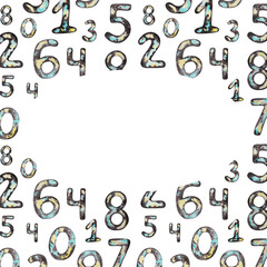 Template with school subjects, numbers with a space pattern, watercolor frame.