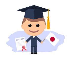Cartoon graduate with graduation cap holds diploma and flag of Japan