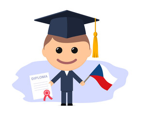 Cartoon graduate with graduation cap holds diploma and flag of Czech Republic