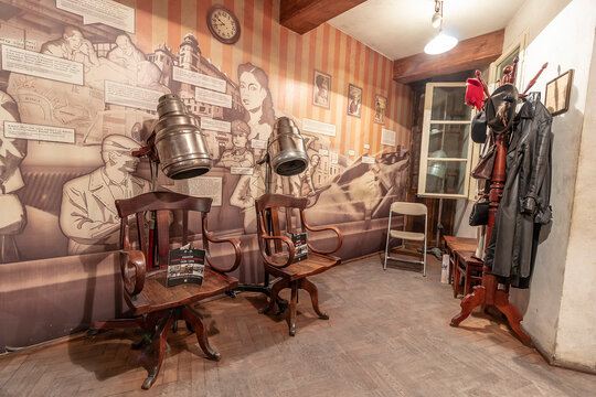 Krakow, Poland - June 3, 2018: Ladies hairdressing furniture used in german-occupied Poland. Inside Oskar Schindler's Enamel factory museum