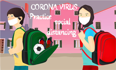 Please wear a face mask banner with schoolgirl and schoolboy, text, white medical face mask. Coronavirus banner. Back to school