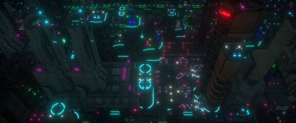 Neon urban night in a futuristic city. Wallpaper in a cyberpunk style. Cityscape from a top view. Industrial landscape with bright neon lights and huge futuristic buildings. 3D illustration.
