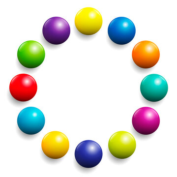Colorful ball circle. Very shiny spectrum of colors formed by twelve balls. Vector illustration on white background.
