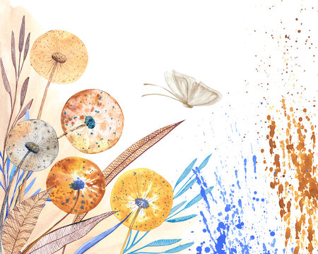 Watercolor meadow flowers dandelions in vintage style with a butterfly and orange and blue splashes of paint. Abstraction. Good mood.