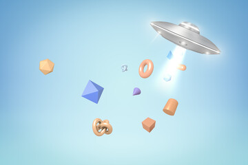 3d rendering of silver metal ufo with random geometric objects on blue background