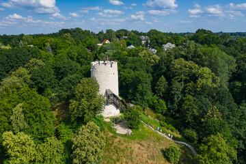 Fototapeta na wymiar Kazimierz Dolny, Poland. Aerial view of Tower of the castle in Kazimierz Dolny at Vistula river, popular tourist destination in Poland. Bird's-eye view.