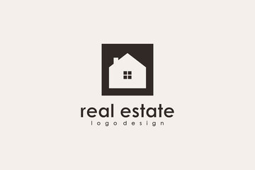 Real Estate Logo. Brown Square Shape with Negative Space House Symbol isolated on Elegant Background. Usable for Construction Architecture Building Logo Design Template Element