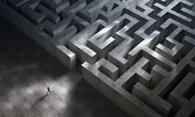 Man entering a huge mysterious maze. 3D Rendering - Powered by Adobe