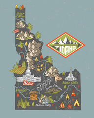 Illustrated map of  Idaho, USA. Travel and attractions. Souvenir print