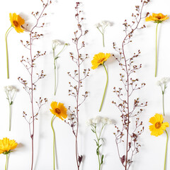 Flower composition. A pattern made of yellow and white flowers and plants is on a white background. Social media background. Flat lay, top view.