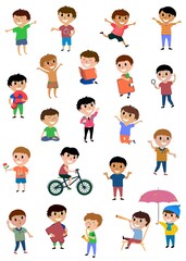 Set vector happy kids. Multicultural children in different positions isolated on white background. Cartoon design