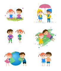 Set of cute cartoon boy and girl on white background. Children cartoon characters. Childhood, love and romance. Flat vector illustration