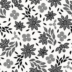 Black and white floral lace embroidery seamless vector pattern background for fabric, wallpaper, packaging, scrapbooking projects.