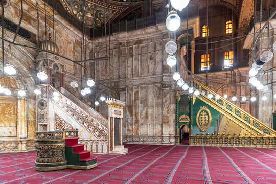 Cairo, Egypt - September 16, 2018: Interior of the Mosque of Muhammad Ali, also known as the Alabaster Mosque, Situated on the summit of the citadel