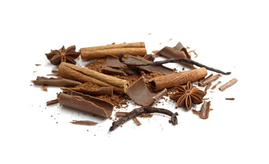 cocoa powder and chocolate chips isolated on white background
