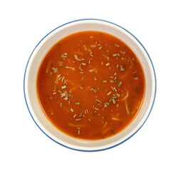 Bowl of tomato soup isolated on a white background