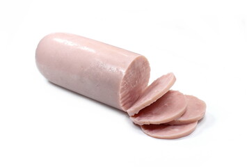 Boiled ham sausage sliced on white background