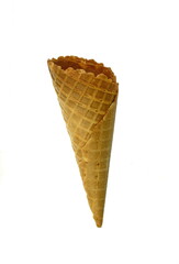 Empty waffle Cup for ice cream isolated on white background. Waffle cone on white background. Empty sugar waffle cones. 