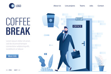 Coffee break landing page template. Open office door, board- exit. Happy male employee dreaming about cup of coffee.