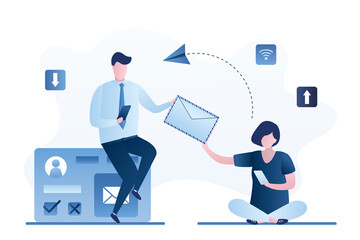 Businesspeople send and receive letters. Internet connection between people. Online communication and messaging.