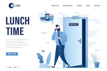 Lunch time landing page template. Open office door, exit. Happy male employee dreaming about fast food.