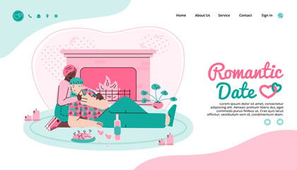 Obraz premium Web page for romantic date arranging and virtual dating site interface with couple in love, cartoon vector illustration. Internet dating and social relationships.