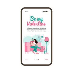 Onboarding mobile page design for online dating website app with meeting loving couple characters, flat cartoon vector illustration on white background.