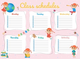 School schedule template. Timetable for pupils with cute children. Vector Illustration.