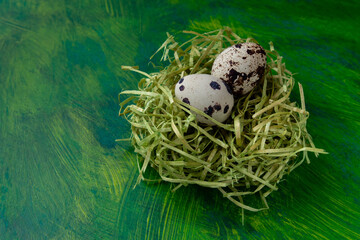 Quail eggs in nest on colored painted background, diet food, copy space
