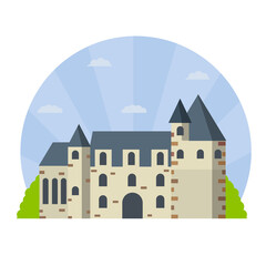 Obraz na płótnie Canvas Castle of Chenonceau. French tourist attraction. Travel to Europe. Stone Palace with tower and wall. Flat cartoon illustration. Medieval house and city