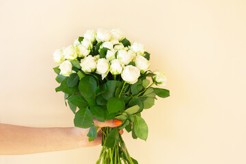 Girl's hands holding Beautiful bouquet of white roses on light background