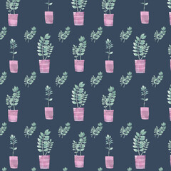 watercolor illustration seamless pattern potted flowers