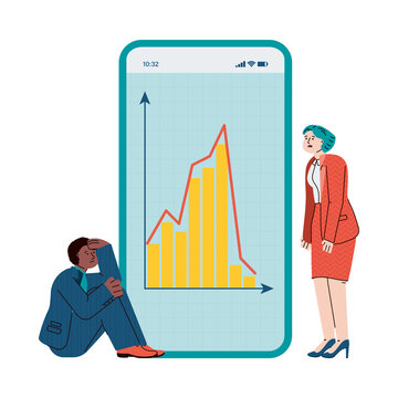 Business people sad from economic crisis looking at mobile app with downward trend graph. Cartoon businessman, woman and smartphone, isolated vector illustration.