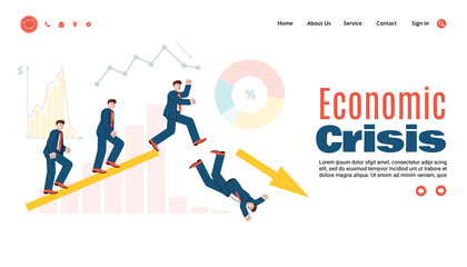 Vector illustration of the economic crisis. The concept of falling business and negative dynamics due to coronavirus. Global economic collapse due to the epidemic.